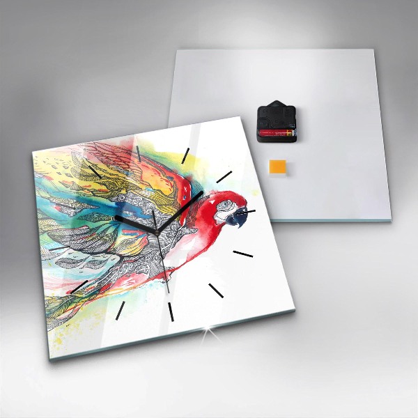 Square glass wall clock Colorful Parrot in Flight