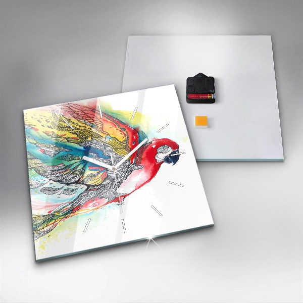 Square glass wall clock Colorful Parrot in Flight
