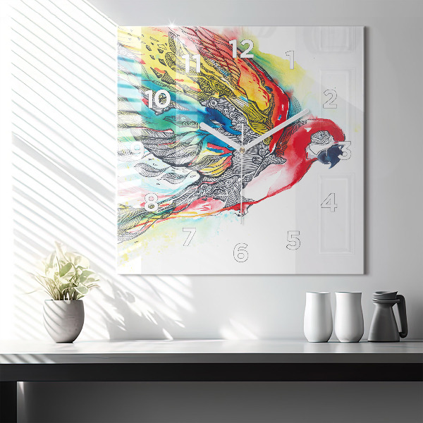 Square glass wall clock Colorful Parrot in Flight
