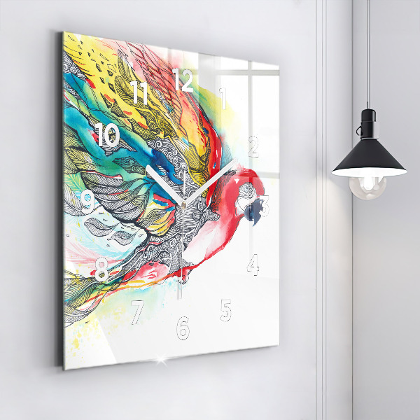 Square glass wall clock Colorful Parrot in Flight
