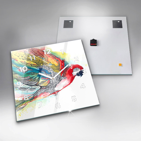 Square glass wall clock Colorful Parrot in Flight