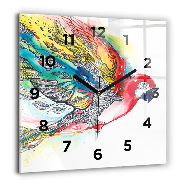 Square glass wall clock Colorful Parrot in Flight