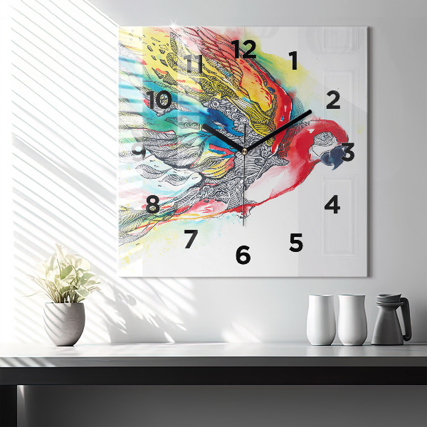Square glass wall clock Colorful Parrot in Flight