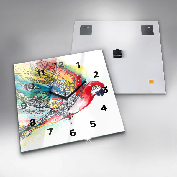 Square glass wall clock Colorful Parrot in Flight