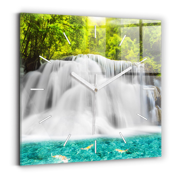 Square glass wall clock Waterfall in Thailand