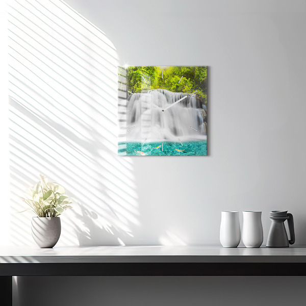 Square glass wall clock Waterfall in Thailand