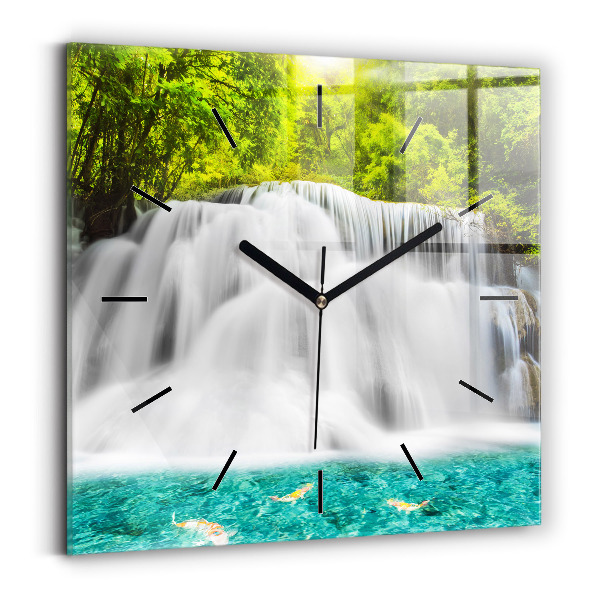 Square glass wall clock Waterfall in Thailand