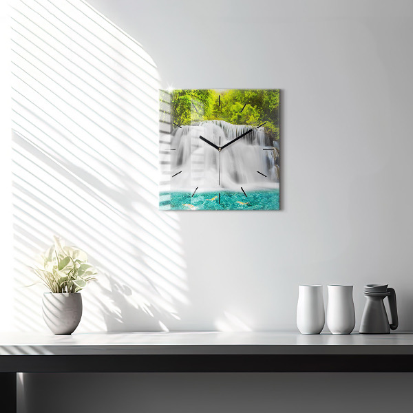 Square glass wall clock Waterfall in Thailand