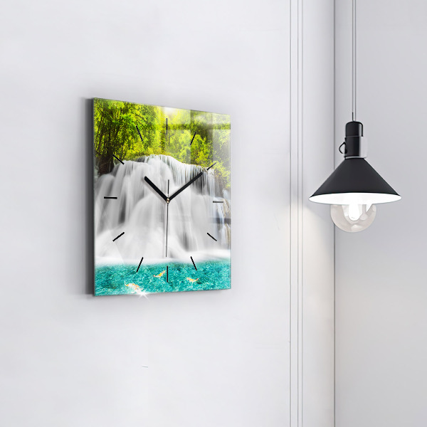 Square glass wall clock Waterfall in Thailand