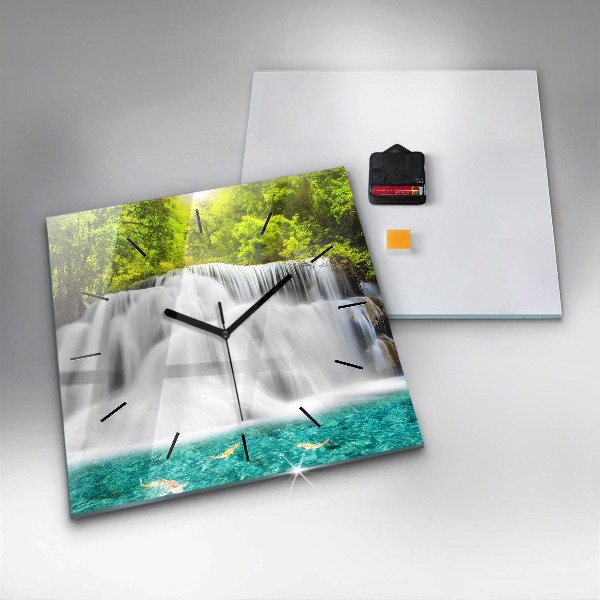 Square glass wall clock Waterfall in Thailand