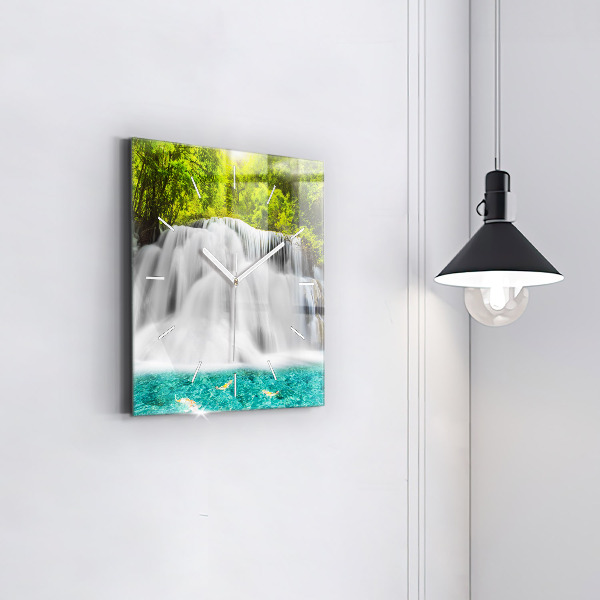 Square glass wall clock Waterfall in Thailand