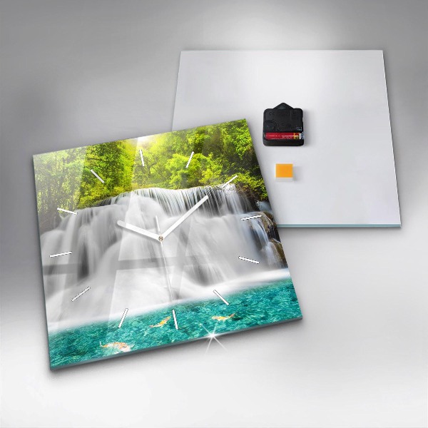Square glass wall clock Waterfall in Thailand