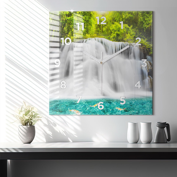 Square glass wall clock Waterfall in Thailand