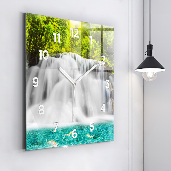 Square glass wall clock Waterfall in Thailand