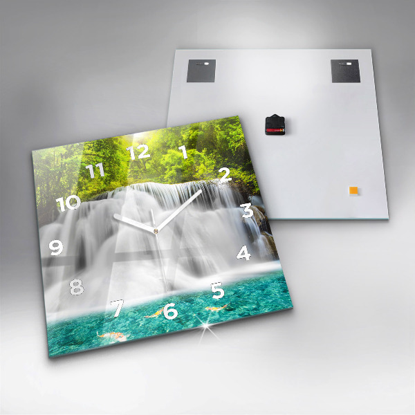 Square glass wall clock Waterfall in Thailand