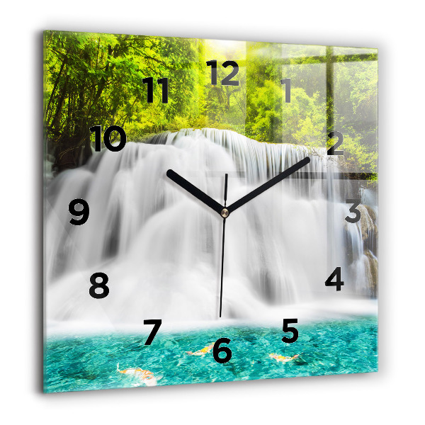 Square glass wall clock Waterfall in Thailand