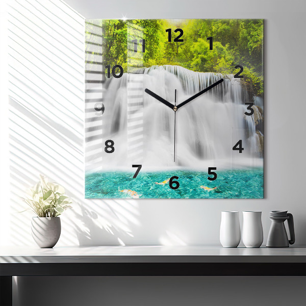 Square glass wall clock Waterfall in Thailand