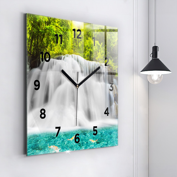 Square glass wall clock Waterfall in Thailand