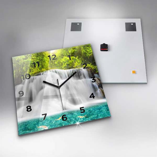 Square glass wall clock Waterfall in Thailand