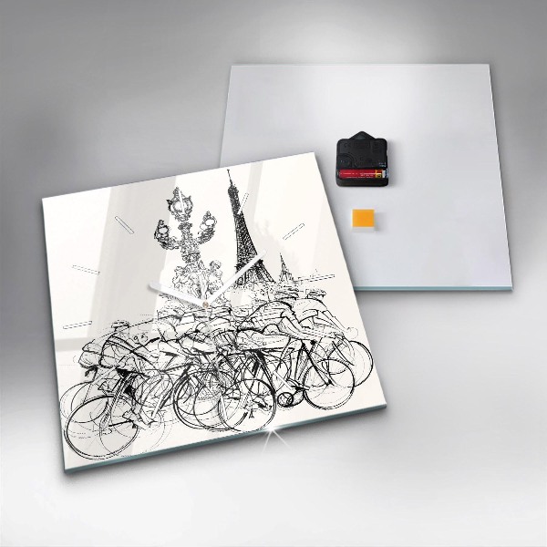 Square glass wall clock Cycling race drawing