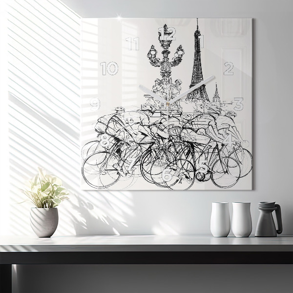 Square glass wall clock Cycling race drawing