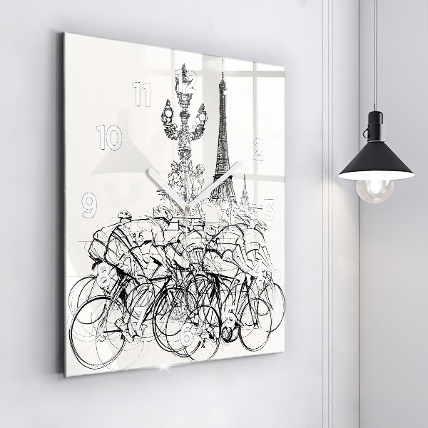 Square glass wall clock Cycling race drawing