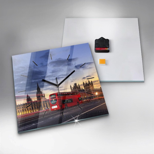 Square glass wall clock Red London Bus