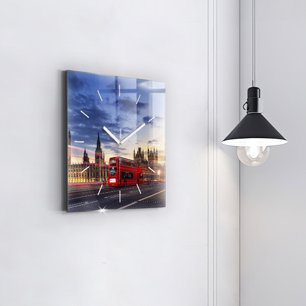 Square glass wall clock Red London Bus