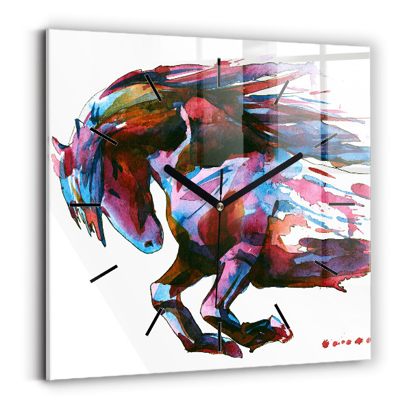Square glass wall clock A horse on the run