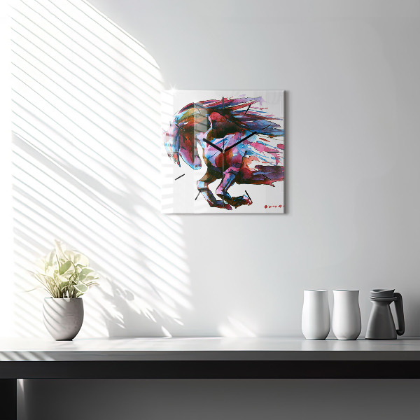 Square glass wall clock A horse on the run