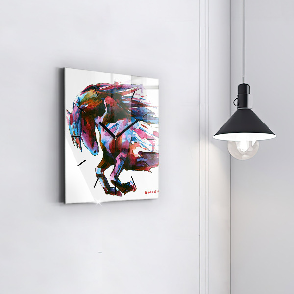 Square glass wall clock A horse on the run