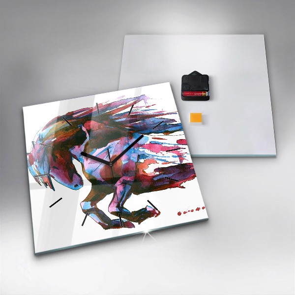 Square glass wall clock A horse on the run
