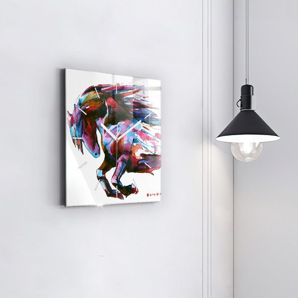Square glass wall clock A horse on the run