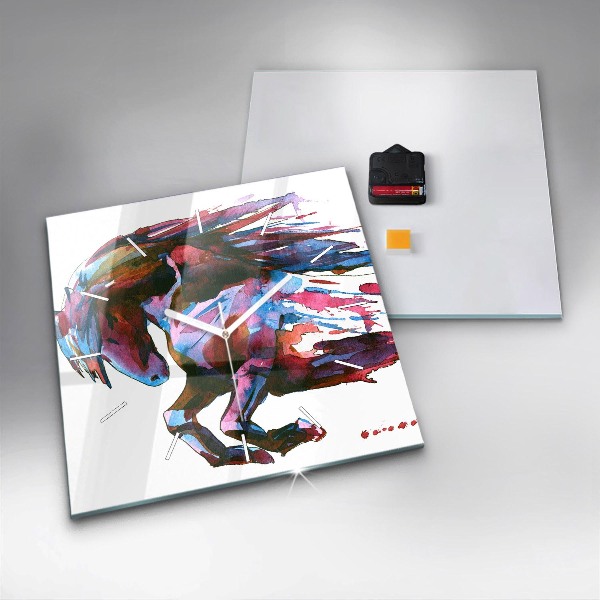 Square glass wall clock A horse on the run