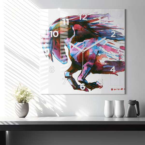 Square glass wall clock A horse on the run
