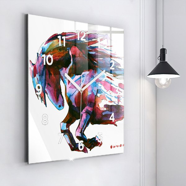 Square glass wall clock A horse on the run