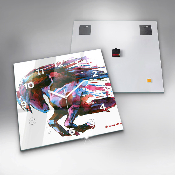 Square glass wall clock A horse on the run