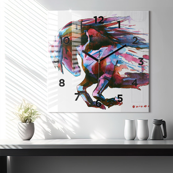 Square glass wall clock A horse on the run