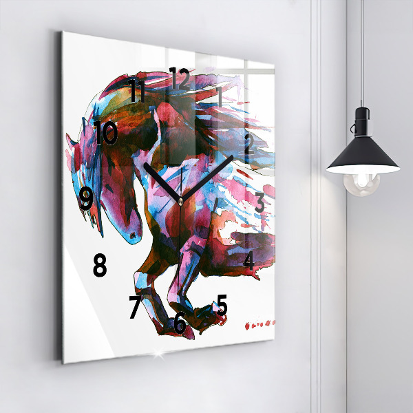 Square glass wall clock A horse on the run