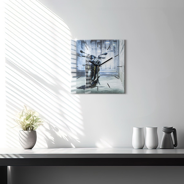 Square glass wall clock Motorcycle in the alley