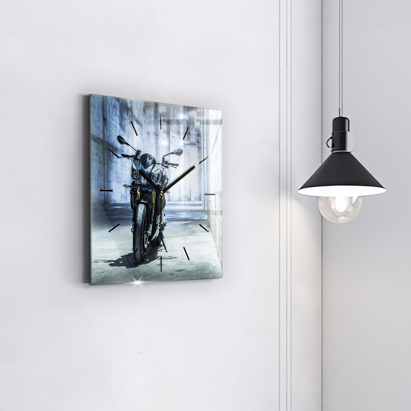 Square glass wall clock Motorcycle in the alley