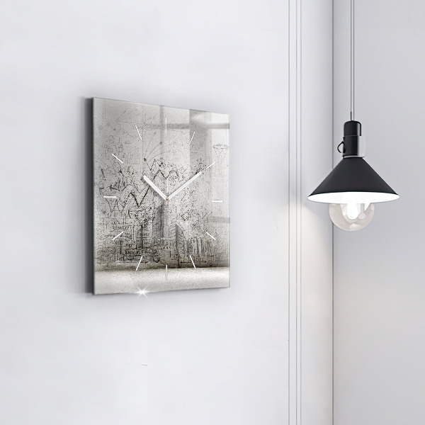Square glass wall clock Sketch of the City