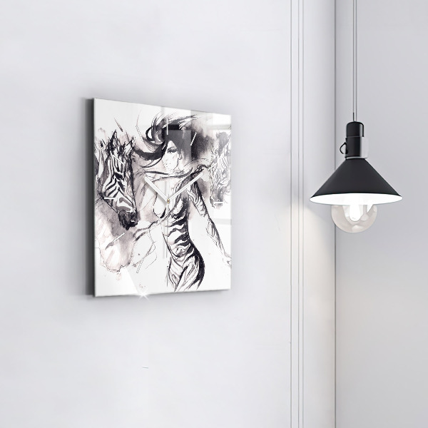 Square glass wall clock Woman and zebras