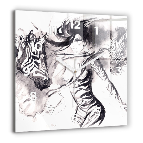 Square glass wall clock Woman and zebras