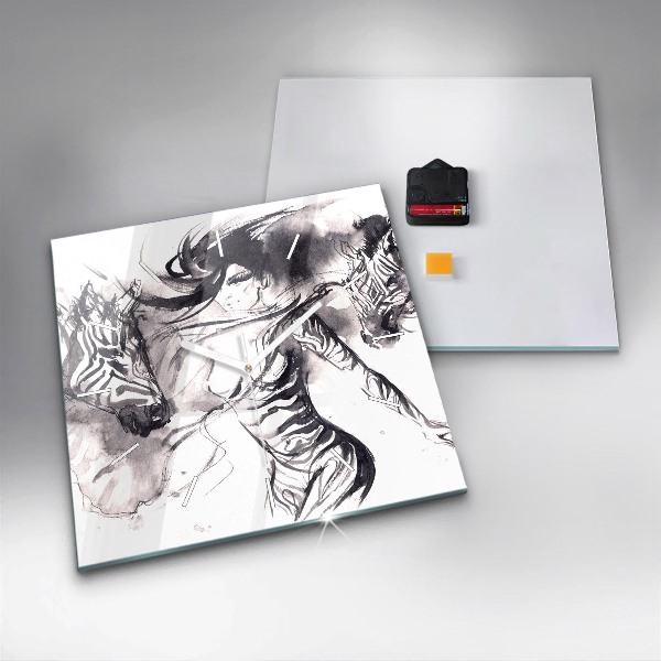 Square glass wall clock Woman and zebras