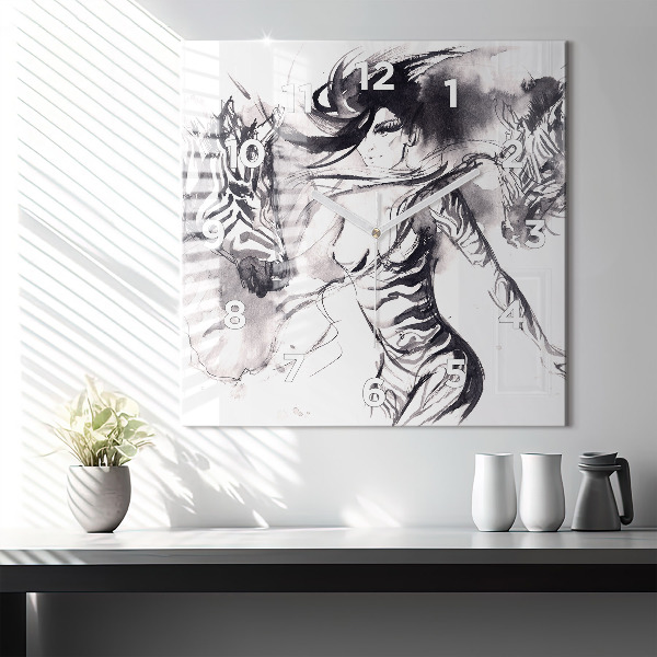 Square glass wall clock Woman and zebras
