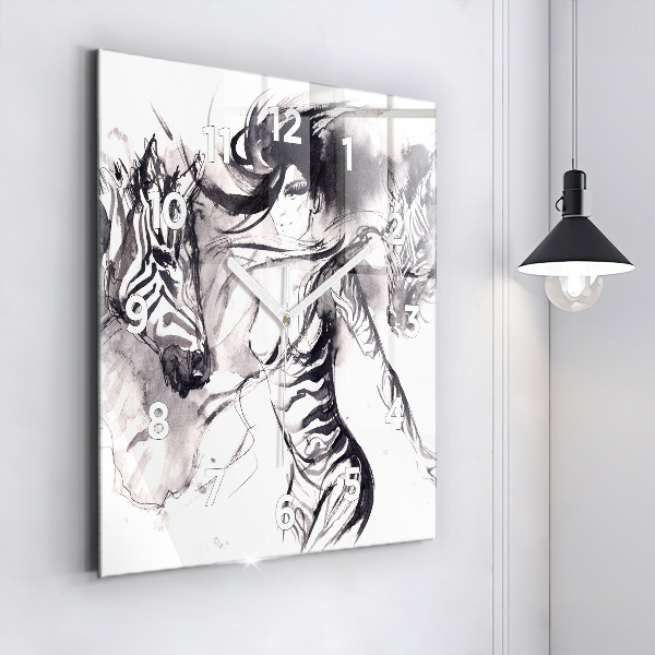 Square glass wall clock Woman and zebras