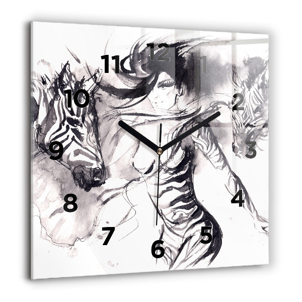 Square glass wall clock Woman and zebras