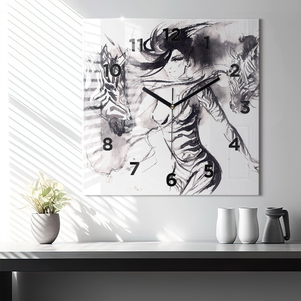 Square glass wall clock Woman and zebras
