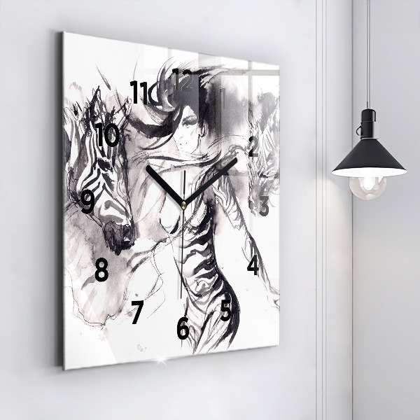 Square glass wall clock Woman and zebras